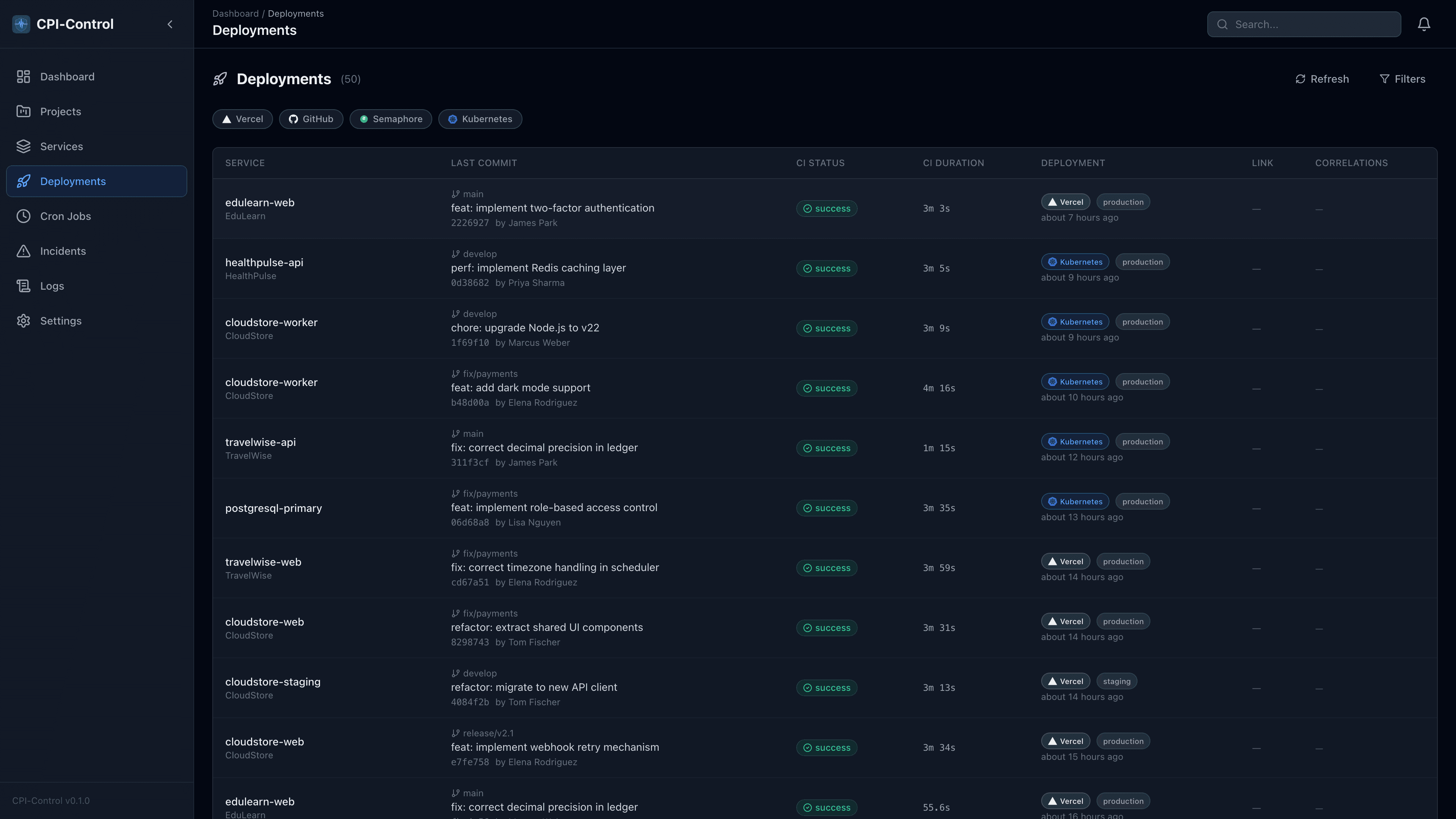 CPI-Control deployment timeline showing multi-provider deployments with status, commit messages, and duration