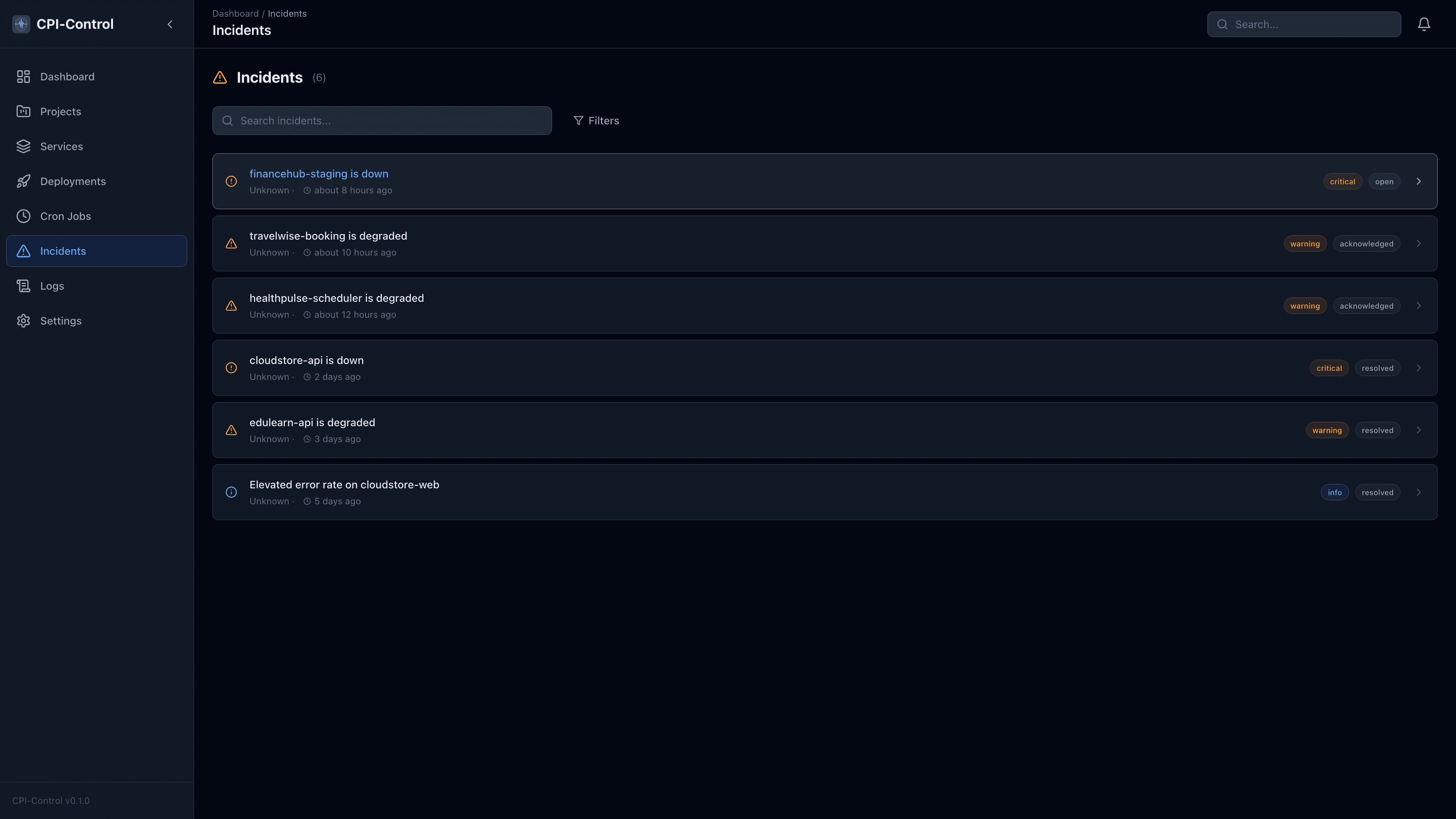 CPI-Control incident detail view showing automatic detection, response body capture, and timeline