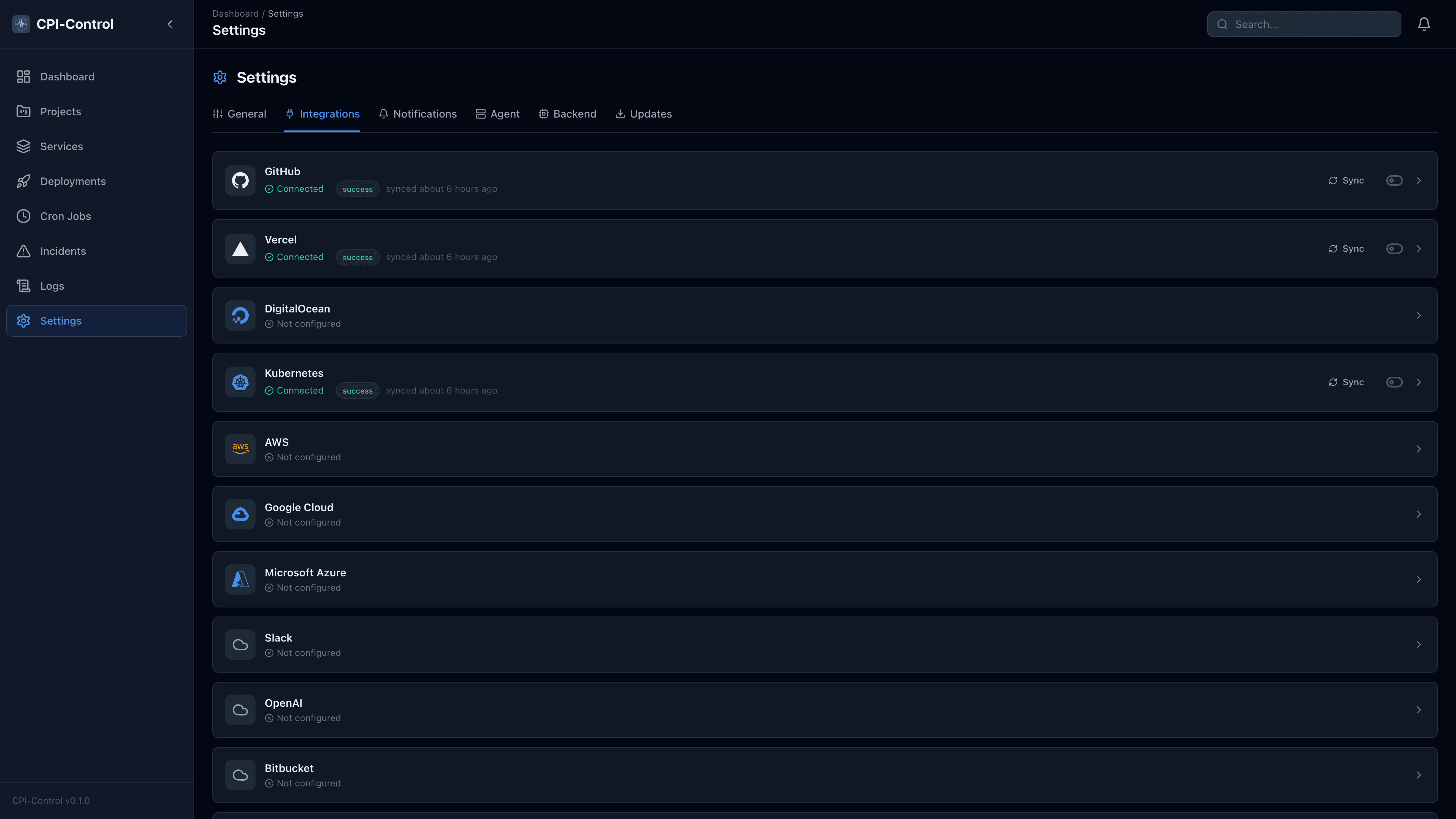 CPI-Control Integrations — connect Kubernetes, GitHub, Vercel, and more